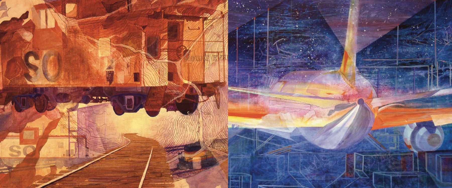 The image is a diptych with two dynamic and complex paintings. The first is an abstract train with warm colors. The second is a cool-toned airliner with architectural lines.