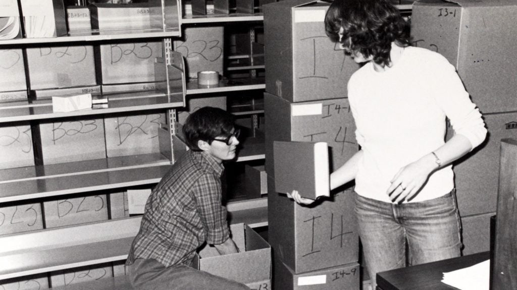 Photo of Jo Ann Bell and Susie Speer Packing Indexes in Dec. 1981
