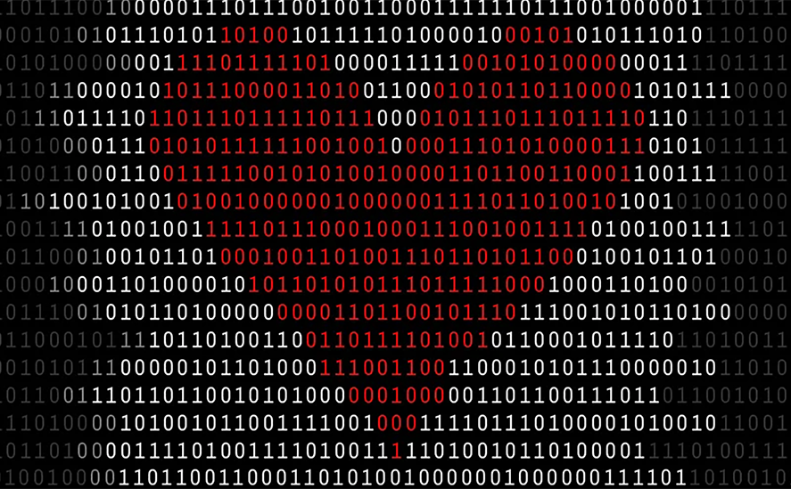 A series of 0s and 1s in white on a black background, with a pattern of red binary digits forming the shape of a heart in the center