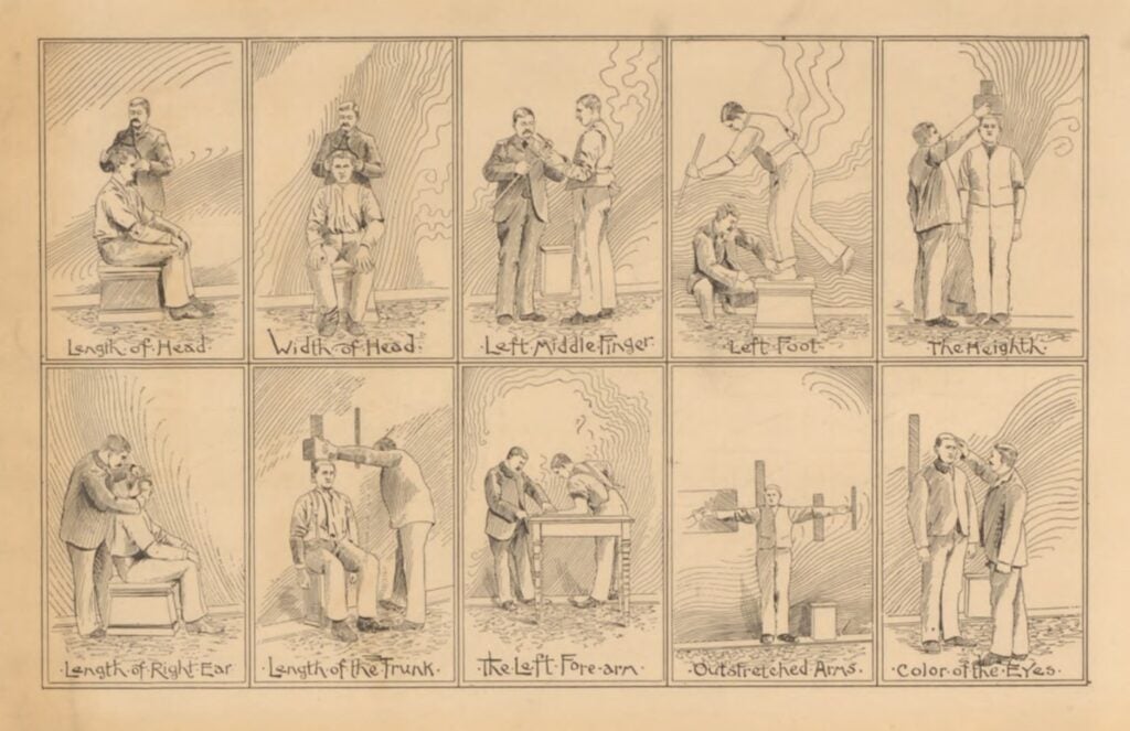A vintage illustration showing ten different anthropometric measurements being taken on individuals, including length of head, width of head, left middle finger, left foot, height, length of right ear, length of the trunk, left forearm, outstretched arms, and color of the eyes.